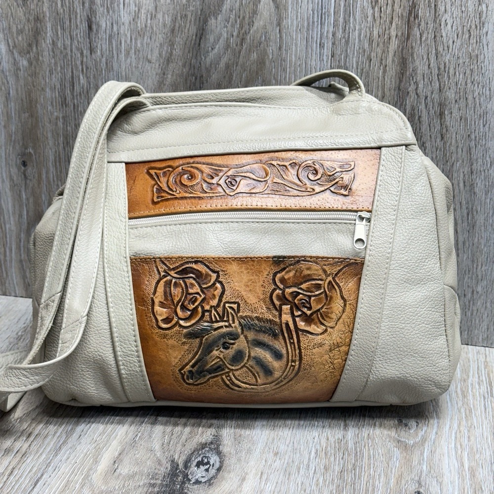 Vintage Horse Tooled Leather Shoulder Bag  Floral Cowgirl Purse Made in Mexico